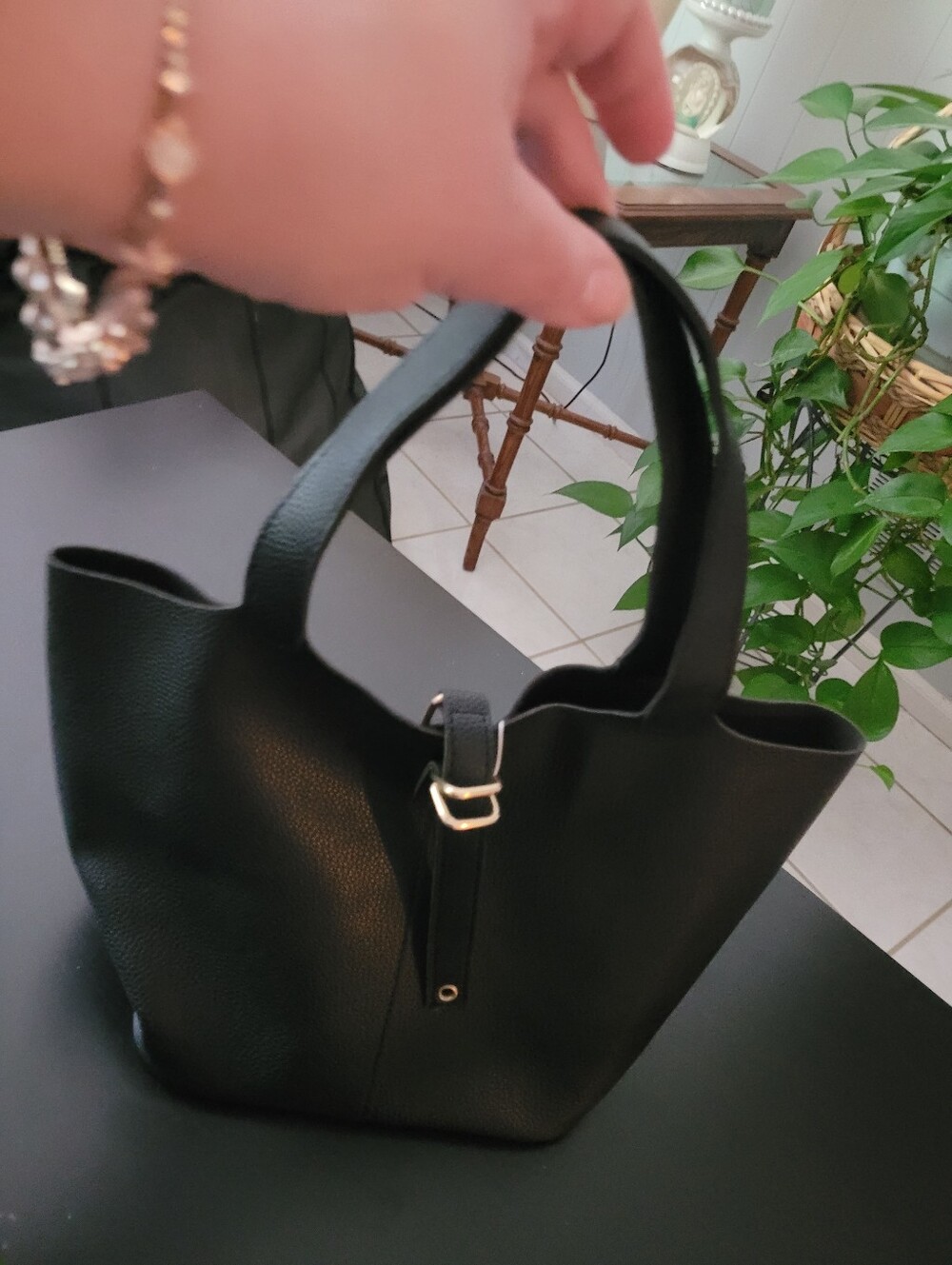 Black Vegan Leather Bucket Bag